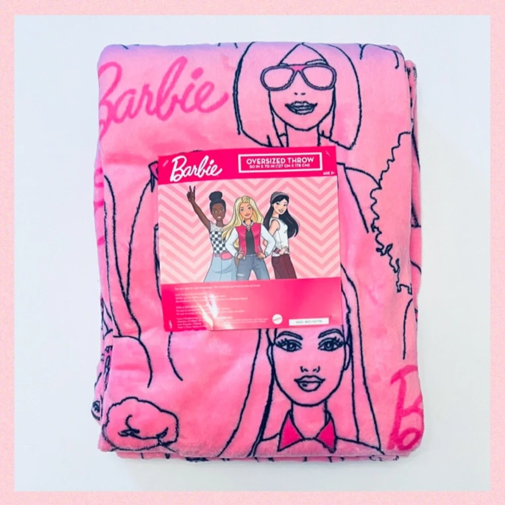 🩷🎀BARBIE Oversized Pink Barbie Print Logo Plush Blanket Throw / 50” x 70”